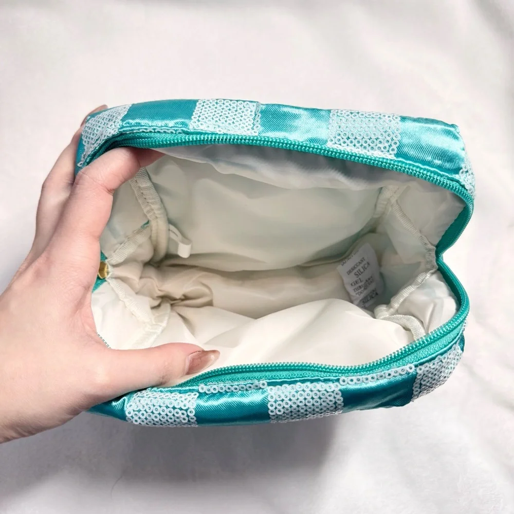 Blue Green Teal Aqua Checkered Sequin Pouch Makeup Bag - New